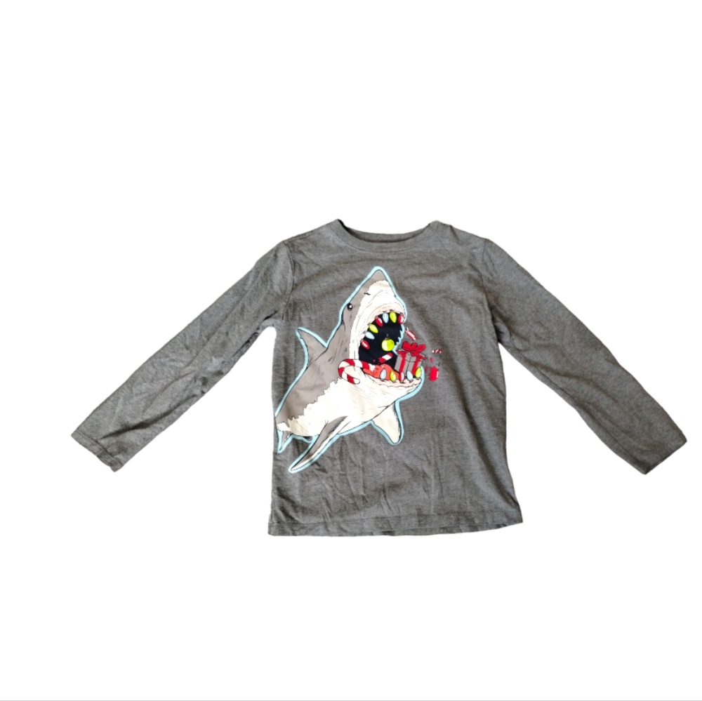 Cat & Jack Kid Boy Shark Graphic Christmas Holiday Long Sleeve Shirt Gray S(6/7)